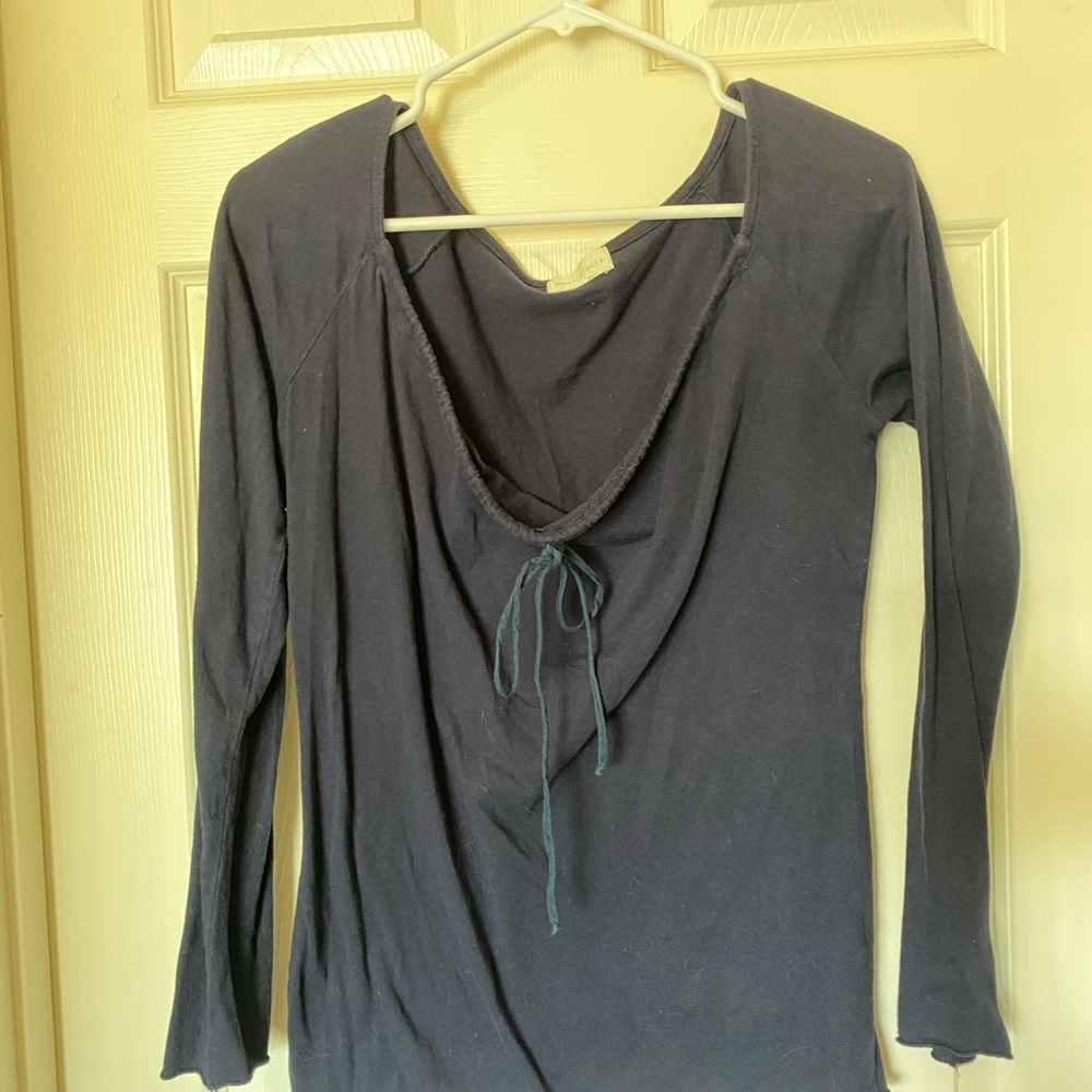 Blue Relaxed Tie Front Long Sleeve Blouse